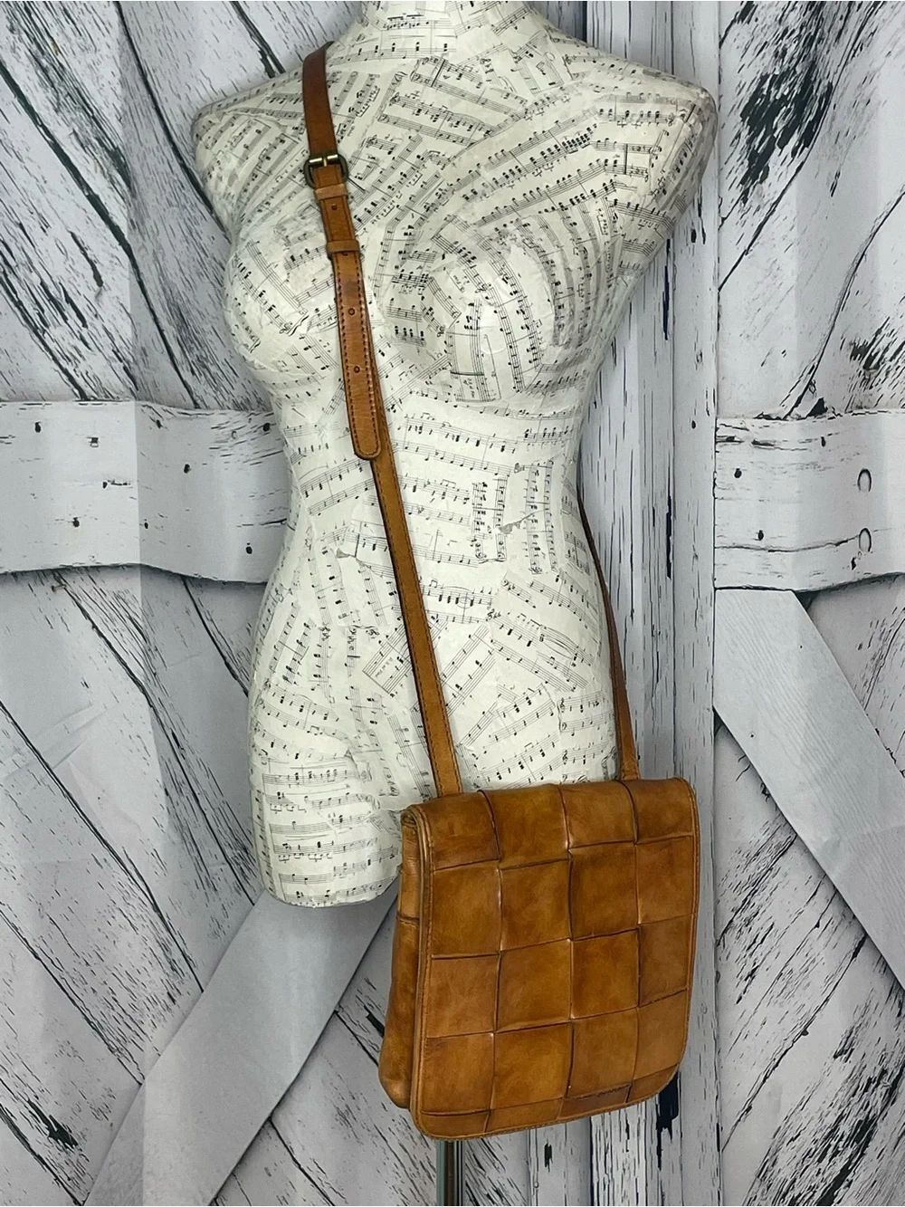 Patricia Nash Granada Crossbody Bag Woven Cognac Brown Italian Leather